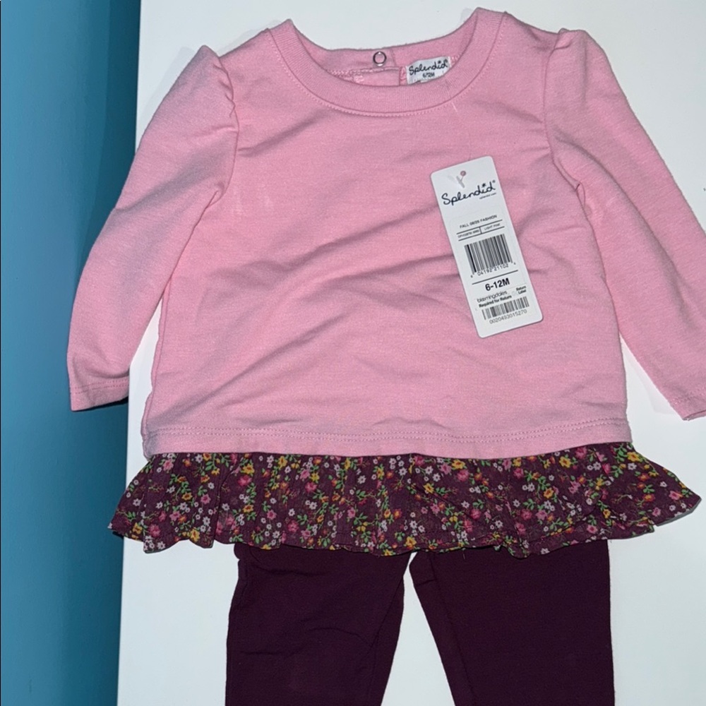 Splendid Light Pink Long Sleeve Kids Tee with Floral Hem and Matching Tights